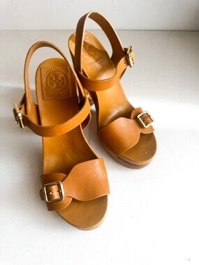 Tory Burch Brown Leather Stacked Heel Sandals 8.5